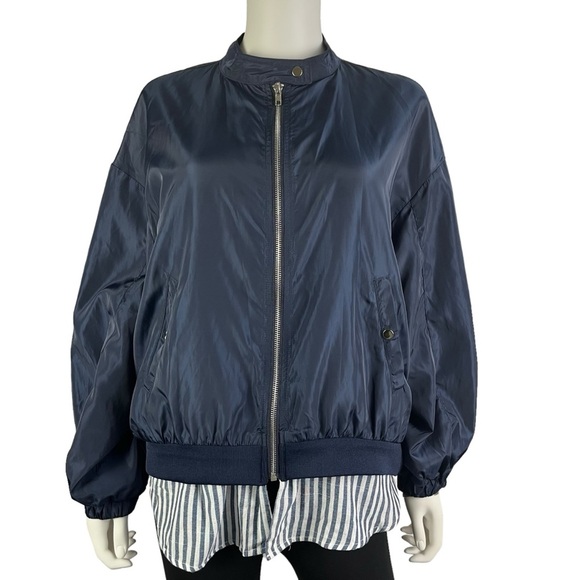 Promesa Bomber Jacket Pinstripe Shirttail Hem Womens Size L - NWT - Picture 1 of 10